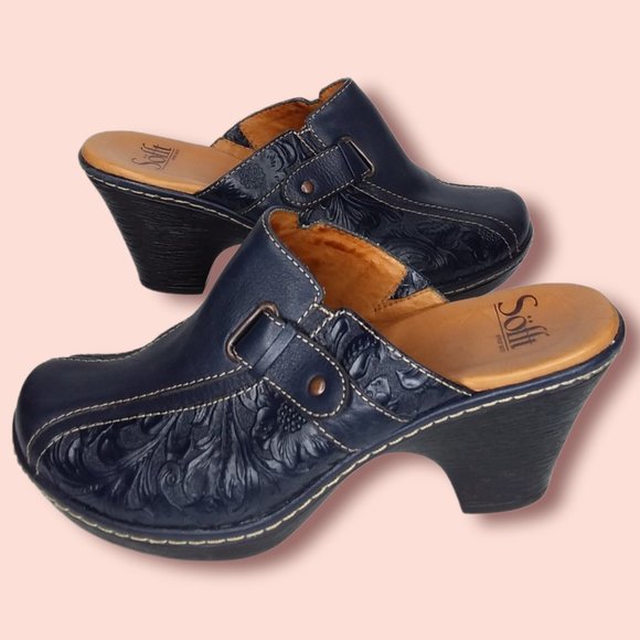 Sofft Tooled Leather Clogs Size 8.5M Blue Slip On Boho Southwestern Floral Folk - Picture 7 of 11